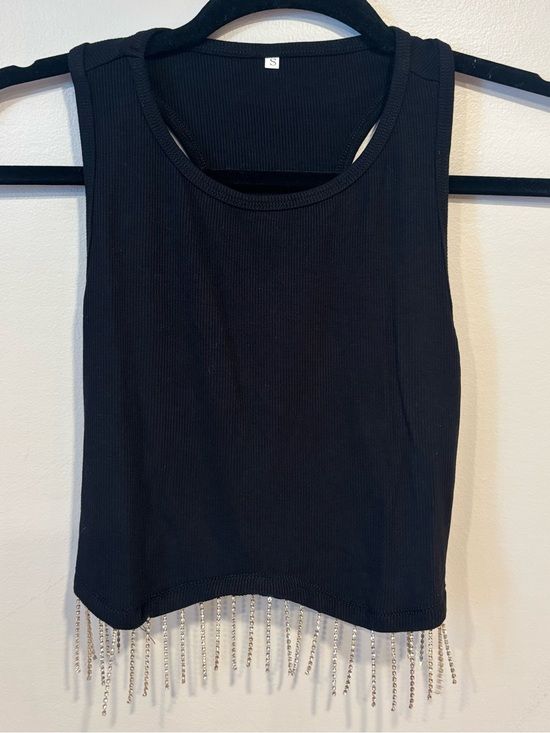 Amazon Tops - Black Cropped Tank Silver Rhinestone Fringe Sleeveless Racerback Top Women's S